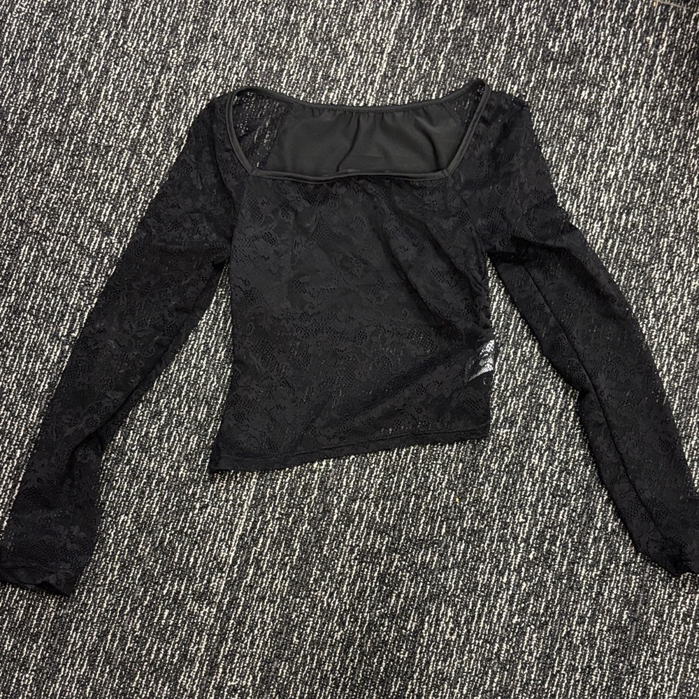 SHEIN Black Floral Lace Long Sleeve Square Neck Top